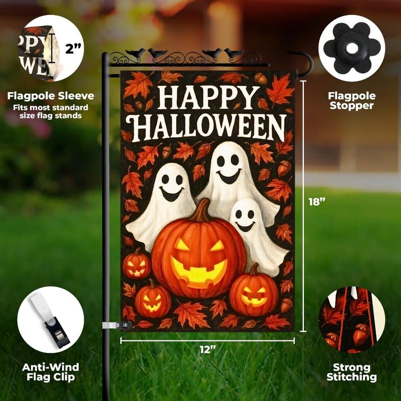 KarvePro Happy Halloween Garden Flag 12x18 Double Sided Burlap – Fall Outdoor Yard Flag with Pumpkins and Ghosts, Durable Seasonal Decoration - Image 3